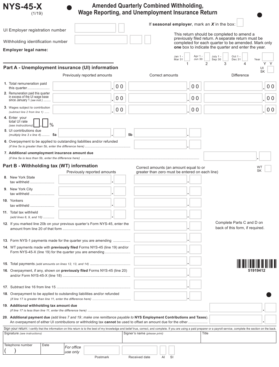 Form NYS 45 X Download Fillable PDF Or Fill Online Amended Quarterly 