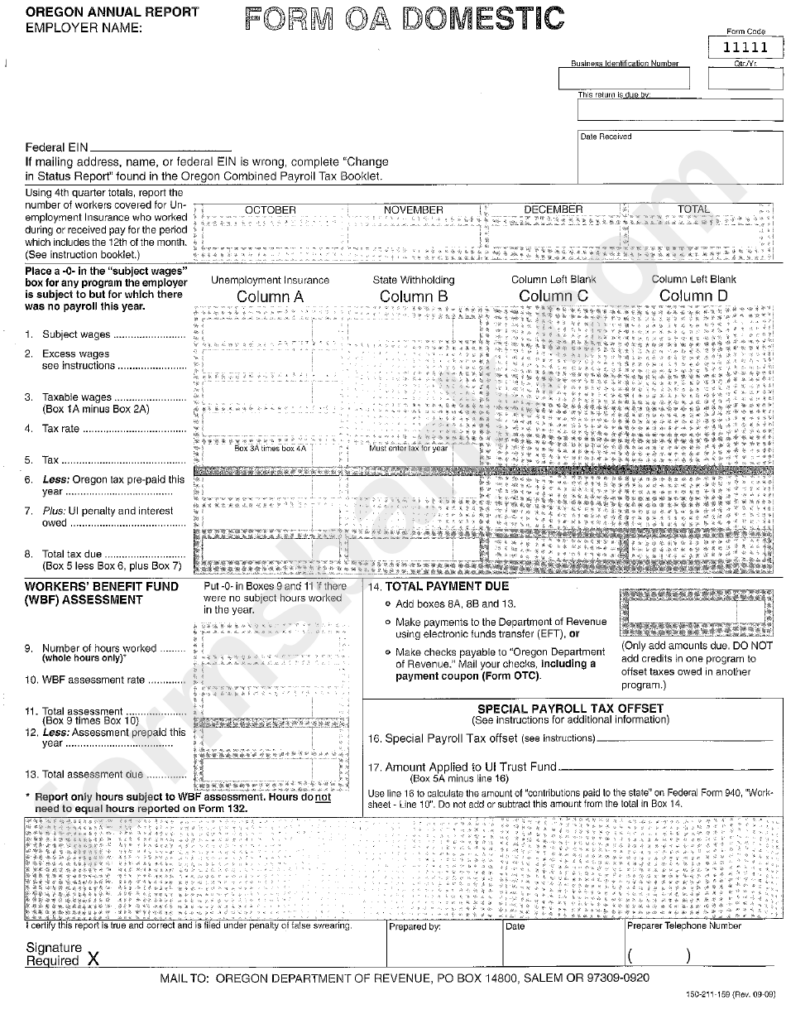 Form Oa Domestic Oregon Annual Report Printable Pdf Download