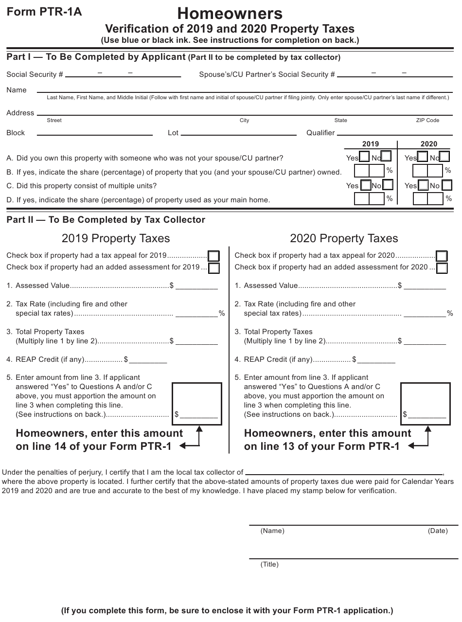 Form PTR 1A Download Fillable PDF Or Fill Online Homeowners 