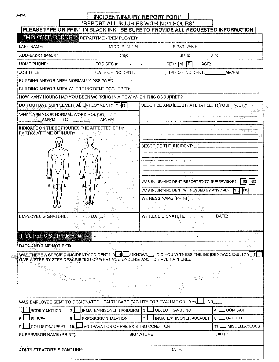 Form S 41A Download Fillable PDF Or Fill Online Incident Injury Report 