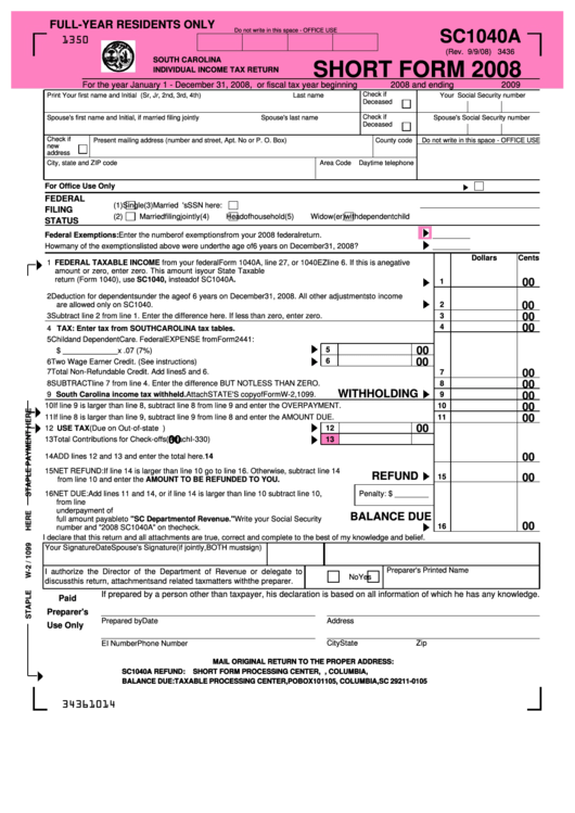 Form Sc1040a Individual Income Tax Return Short Form 2008 