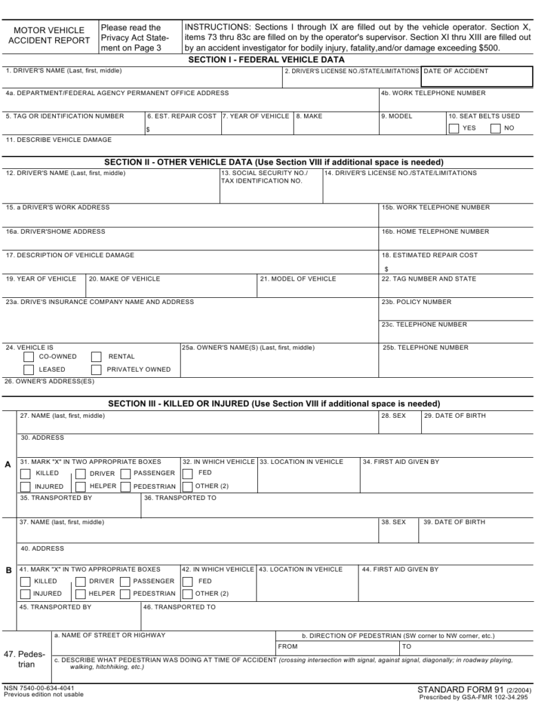 Form SF 91 Download Fillable PDF Or Fill Online Motor Vehicle Accident 