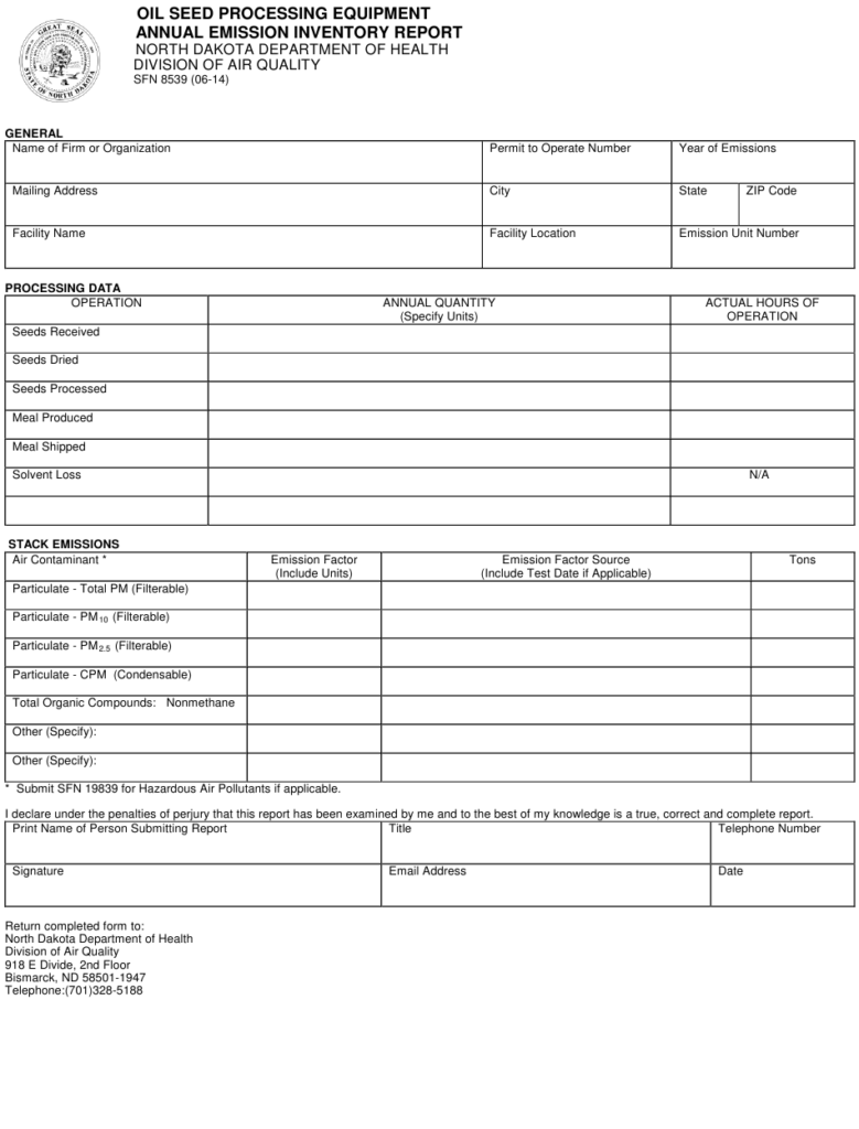 Form SFN8539 Download Fillable PDF Or Fill Online Oil Seed Processing 