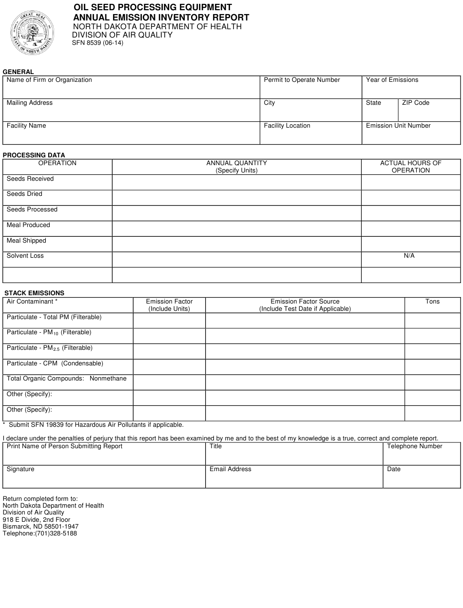 Form SFN8539 Download Fillable PDF Or Fill Online Oil Seed Processing 