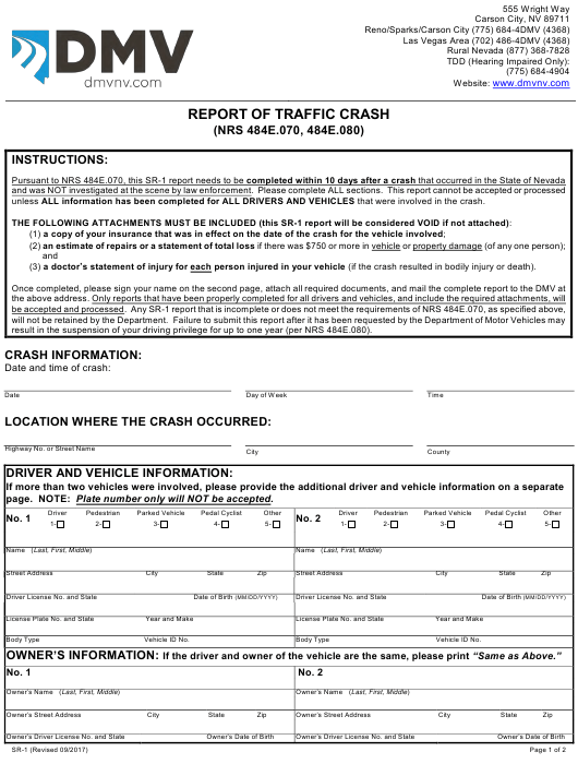 Form SR 1 Download Fillable PDF Or Fill Online Report Of Traffic Crash