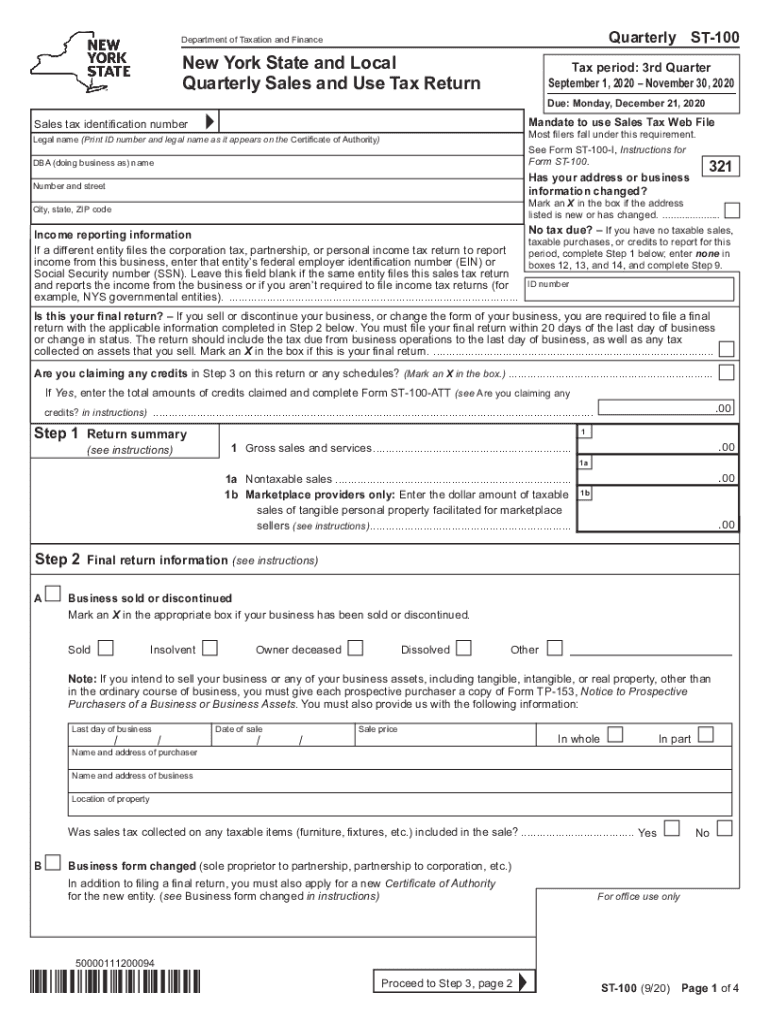 Form ST 100 New York State And Local Quarterly Sales And Use Tax Return 