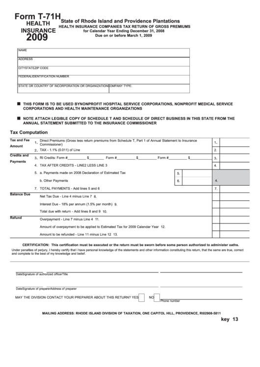 Form T 71h Health Insurance Companies Tax Return Of Gross Premiums