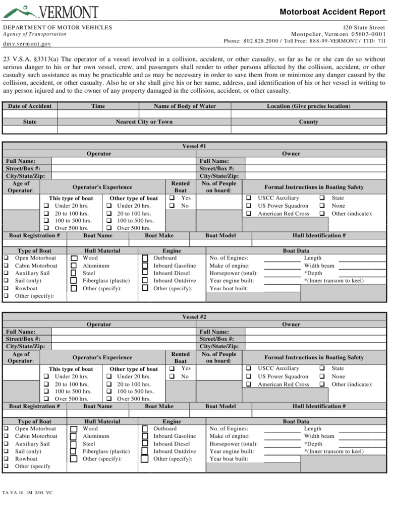 Form TA VA 16 Download Fillable PDF Or Fill Online Motorboat Accident 