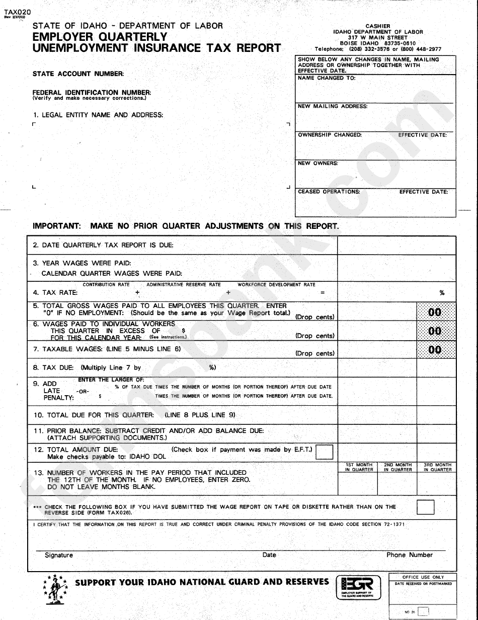 Form Tax020 Employer Quarterly Unemployment Insurance Tax Report