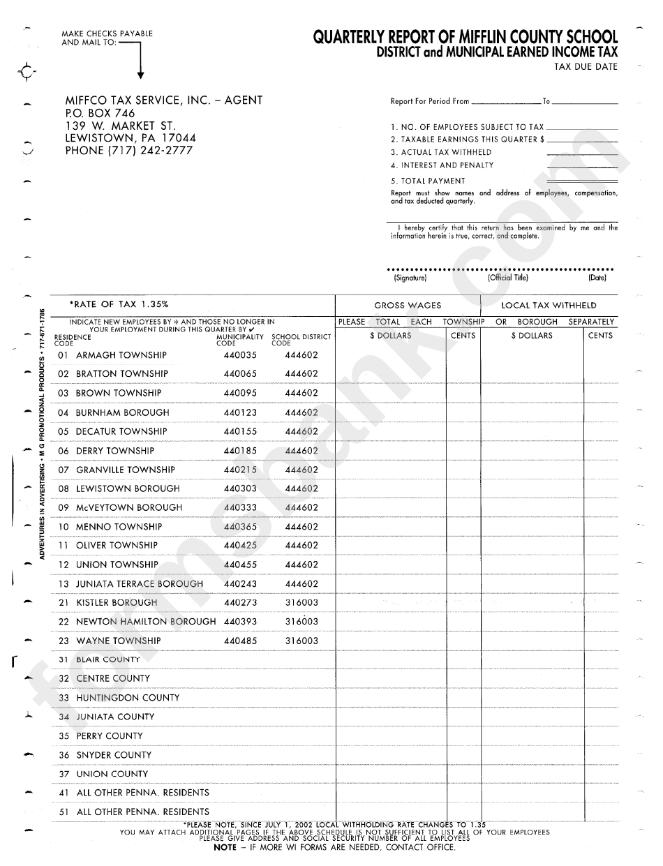 Form W 1 Quarterly Report On Earned Income Tax Printable Pdf Download