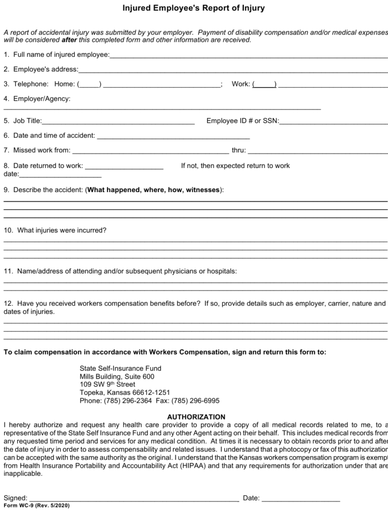 Form WC 9 Download Printable PDF Or Fill Online Injured Employee s 