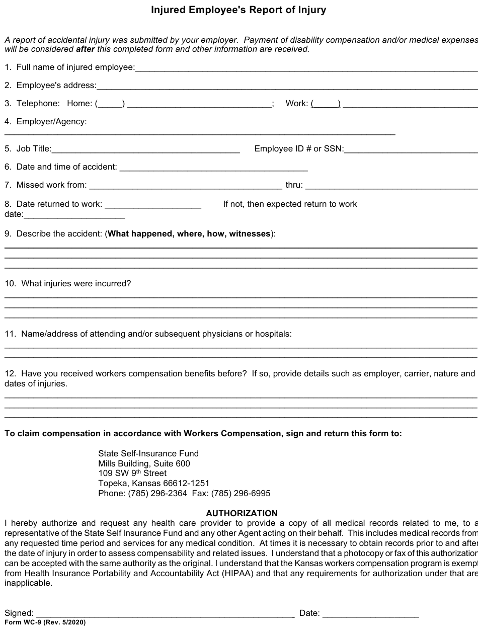 Form WC 9 Download Printable PDF Or Fill Online Injured Employee s 