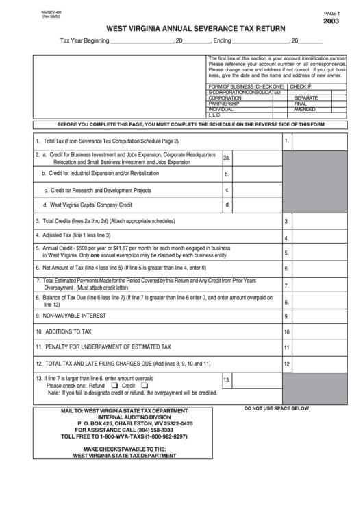 Form Wv sev 401 West Virginia Annual Severance Tax Return 2003 