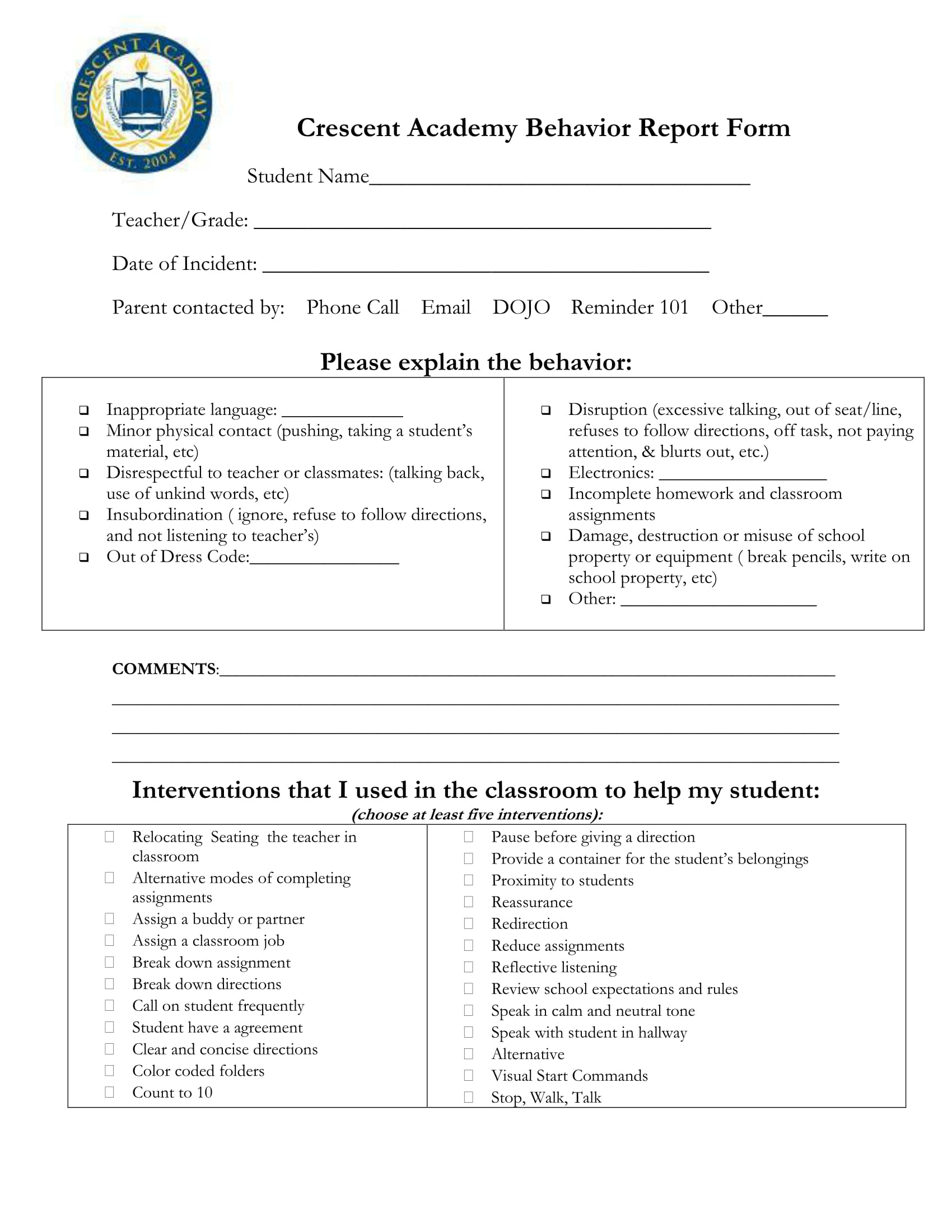 Free Student Behavior Incident Report Form ReportForm