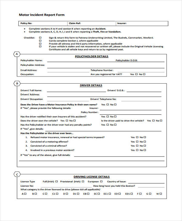 FREE 41 Sample Incident Report Forms In PDF Pages Excel MS Word