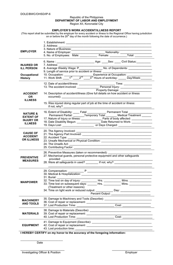 Government Employer s Work Accident illness Report In Word And Pdf Formats