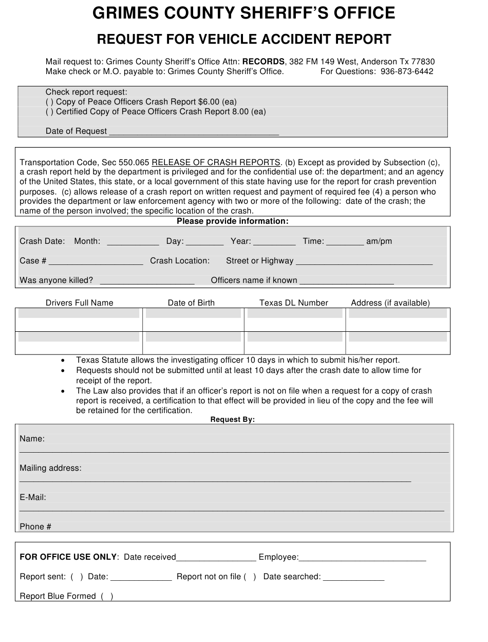 Grimes County Texas Request For Vehicle Accident Report Download 