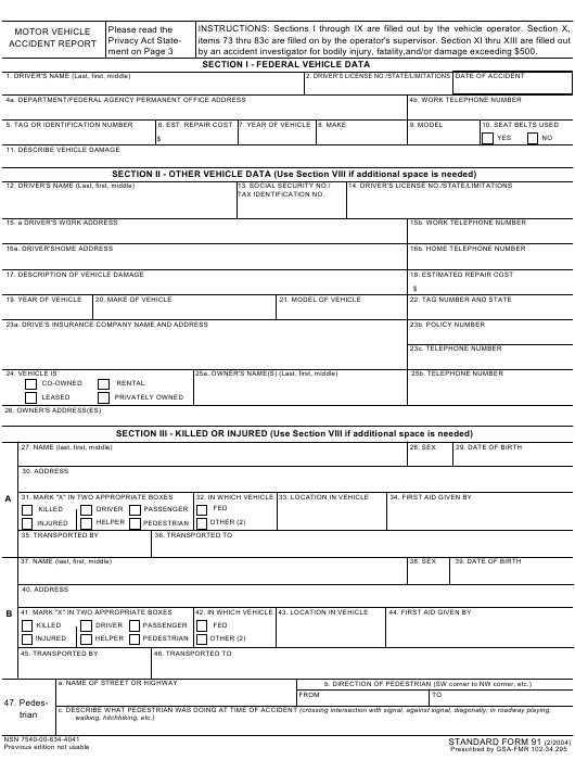 GSA Form SF 91 Download Fillable PDF Motor Vehicle Accident Report