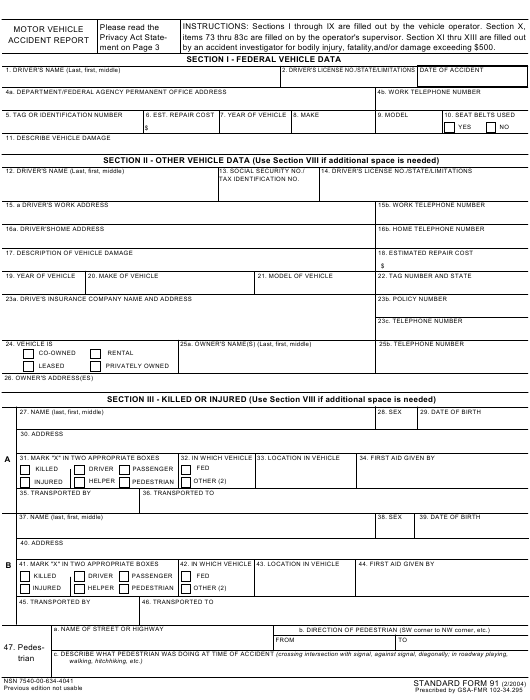 GSA Form SF 91 Download Fillable PDF Motor Vehicle Accident Report 