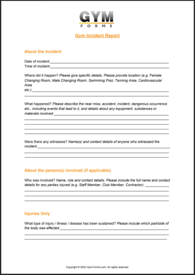 Gym Incident Report PDF Free Printable PDF Download