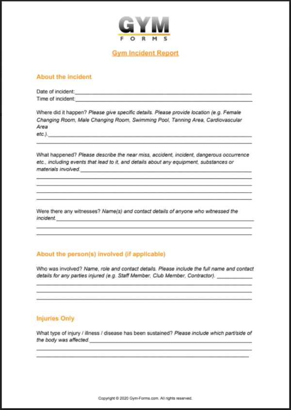 Gym Incident Report PDF Free Printable PDF Download