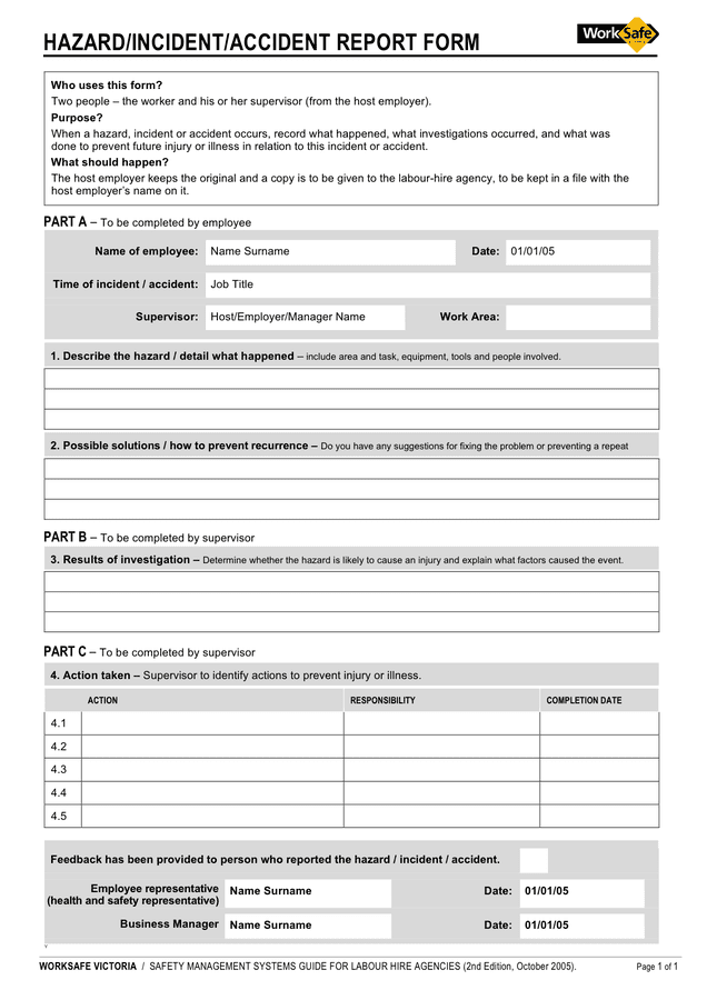 Hazard Incident Accident Report Form Australia In Word And Pdf 