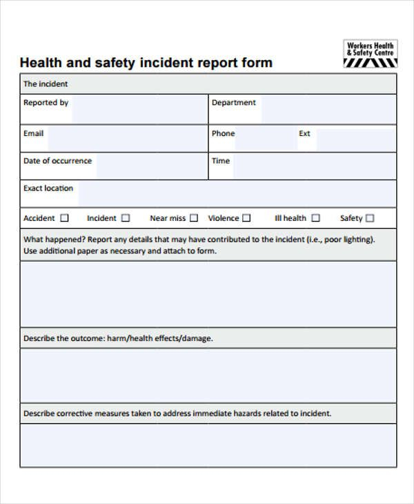 Health And Safety Incident Report Form Template 9 TEMPLATES EXAMPLE