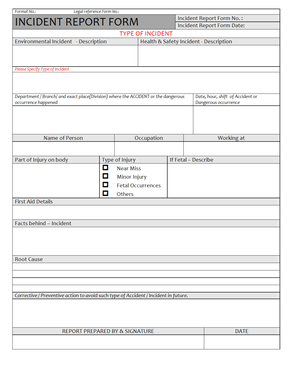 Health And Safety Incident Report Form Template Sample Professional 