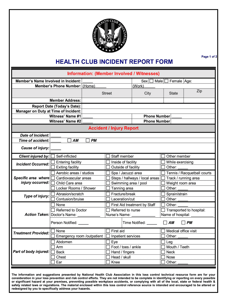 Health Club Incident Report Fill Out And Sign Printable PDF Template 