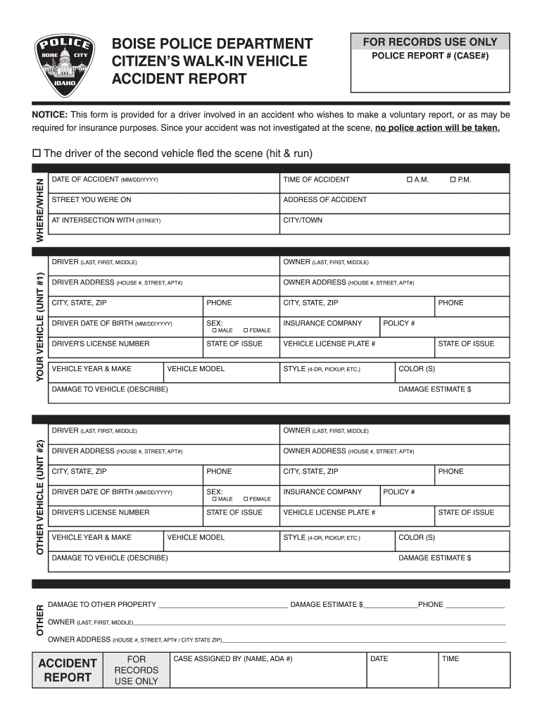 ID Boise Police Department Citizens Walk In Vehicle Accident Report 