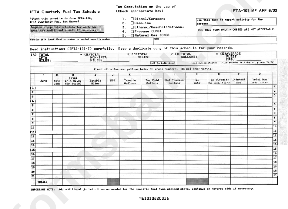 Ifta Quarterly Fuel Tax Schedule Form Ifta 101 2003 Printable Pdf 