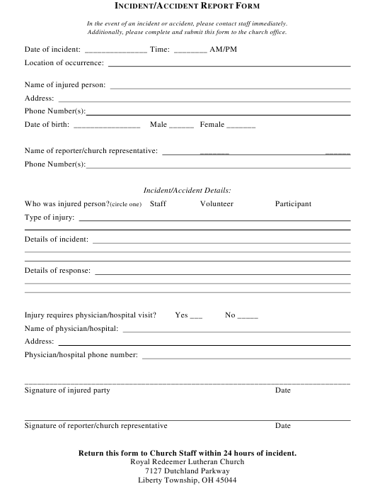 Incident Accident Report Form Royal Redeemer Lutheran Church Download