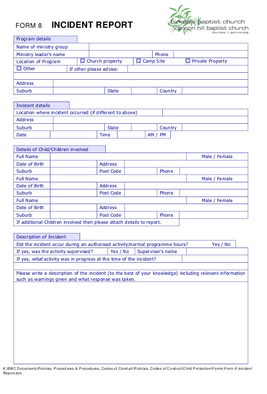 Incident Report Form Birkdate Baptist Church Cannon Hill Baptist 