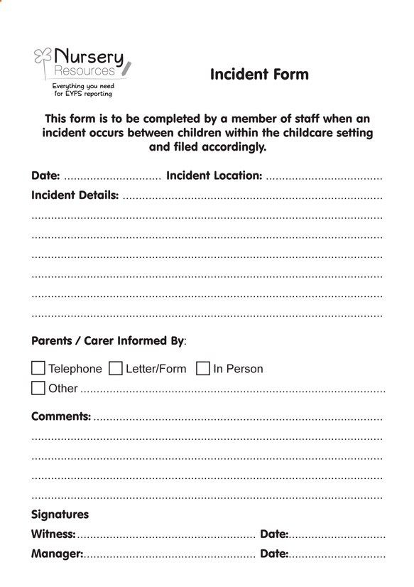 Incident Report Form Child Care Incident Form Daycare Forms School