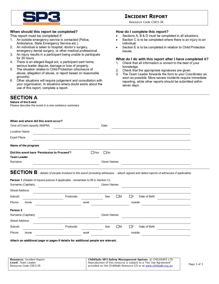 Incident Report Form Scripture Union NSW