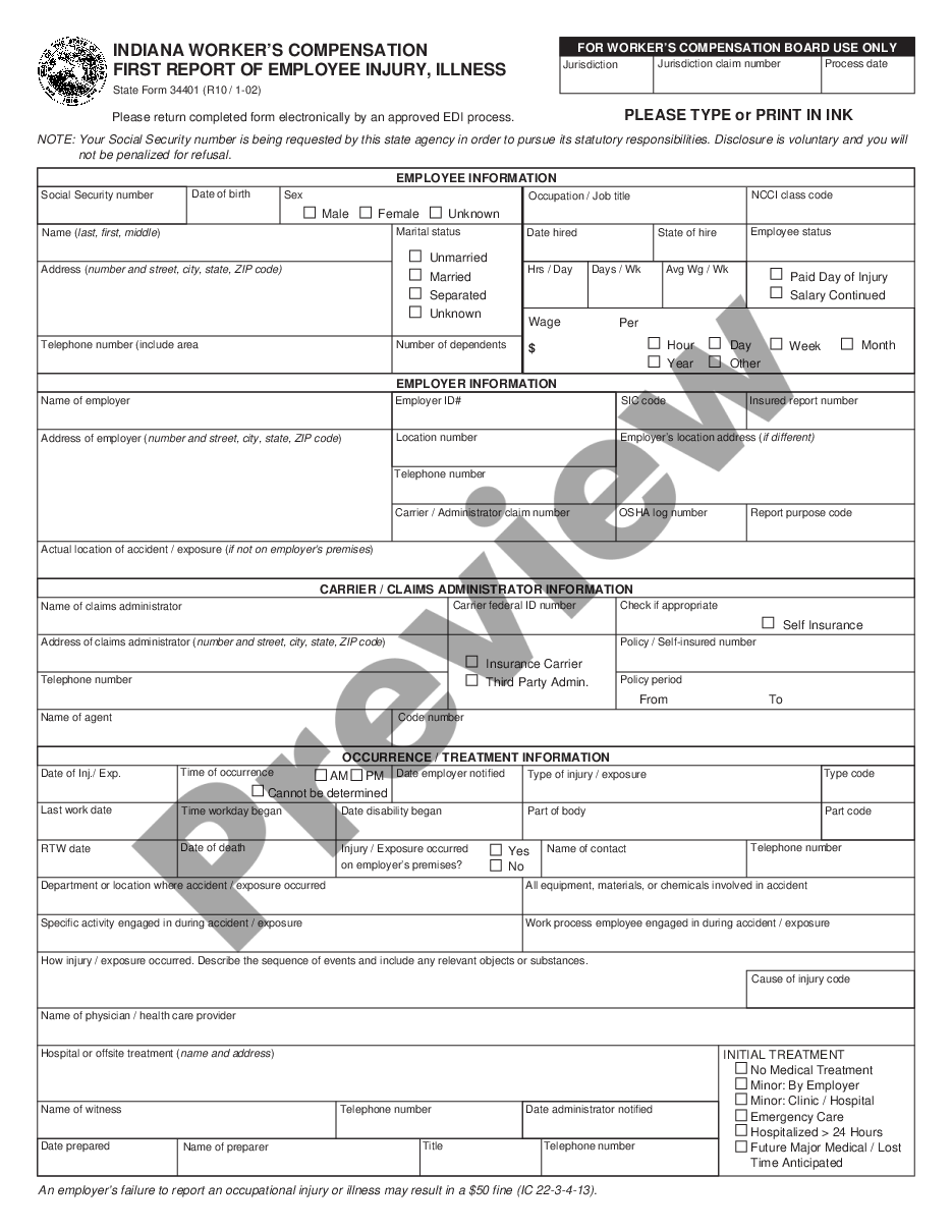 Indiana First Report Of Injury For Workers Compensation First Report 