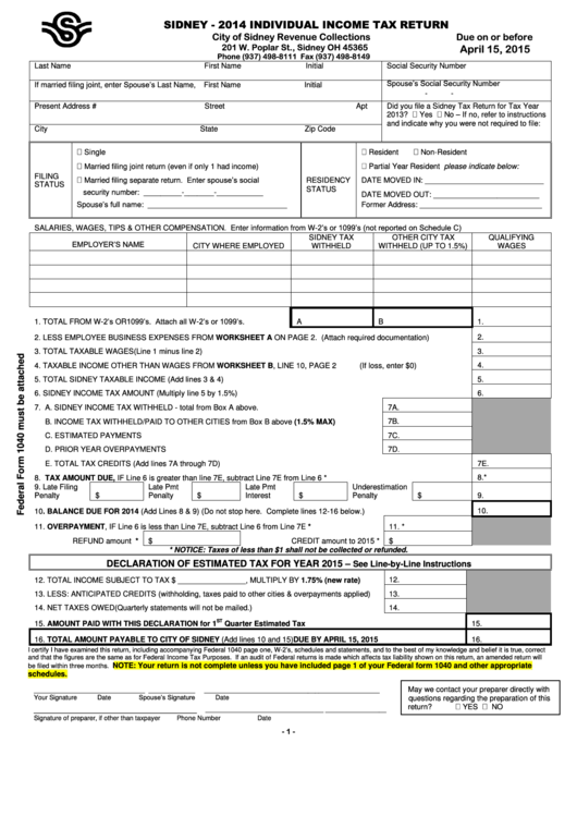 Individual Income Tax Return City Of Sidney 2014 Printable Pdf Download