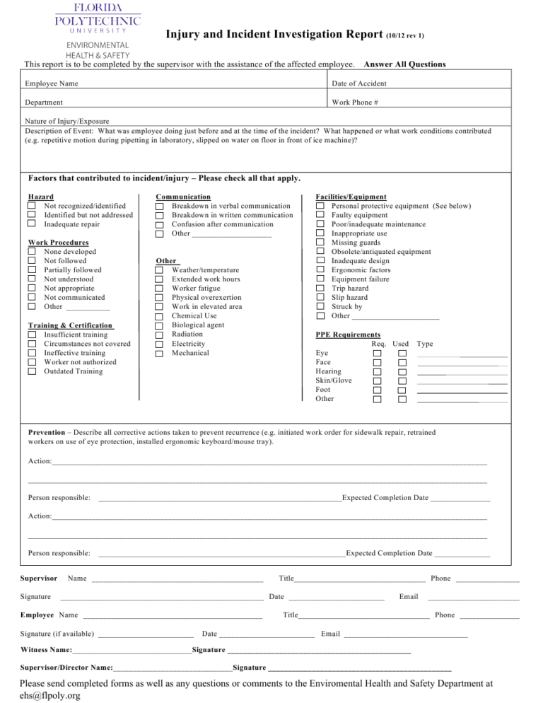 Injury And Incident Investigation Report Template Florida Polytechnic ...