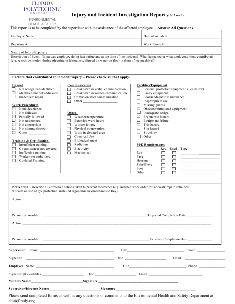 Injury And Incident Investigation Report Template Florida Polytechnic 