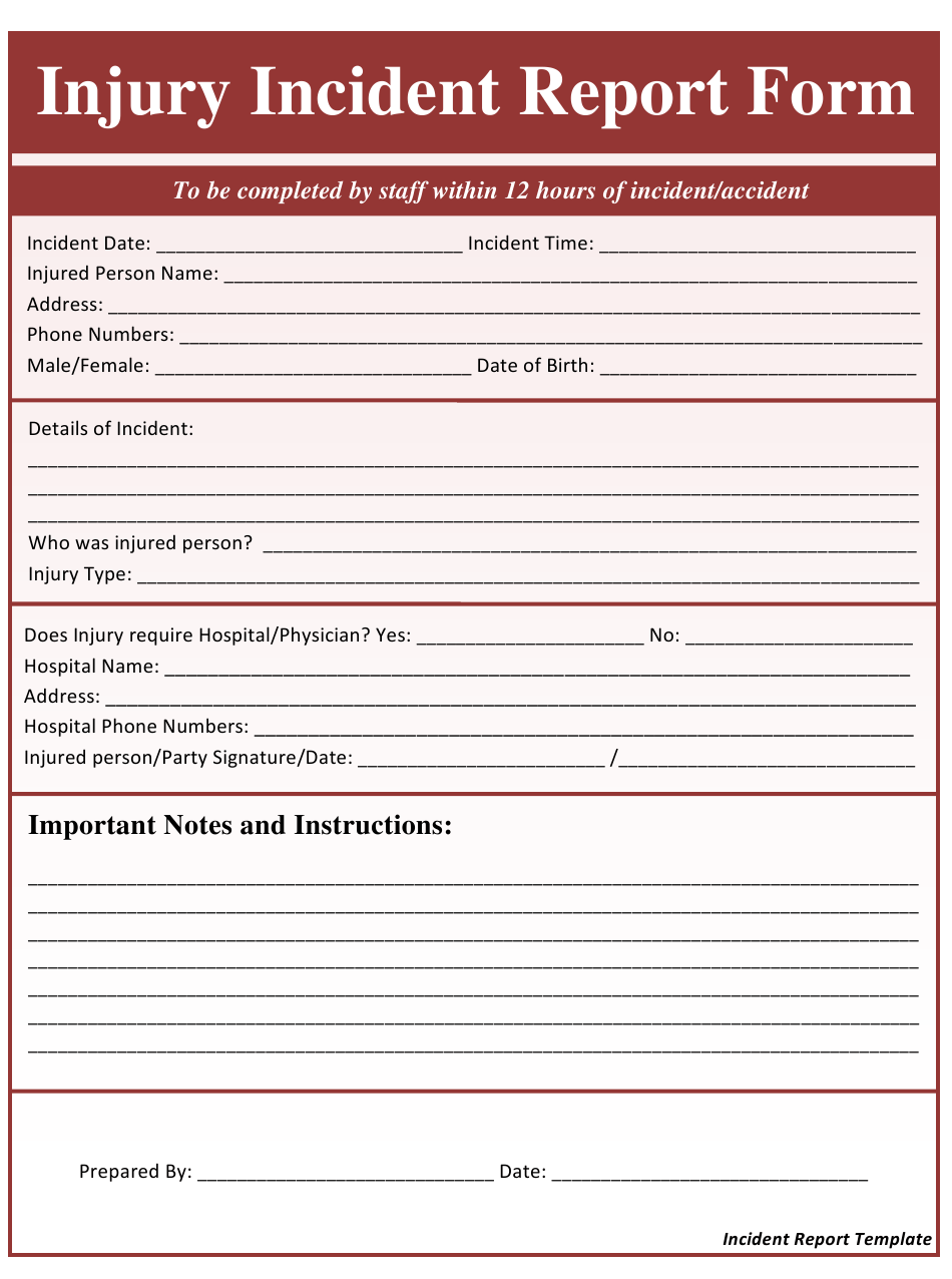 Injury Incident Report Form Download Printable PDF Templateroller