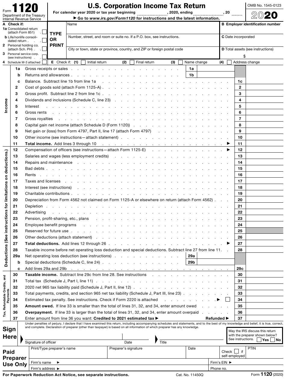 IRS Form 1120 Download Fillable PDF Or Fill Online U S Corporation 