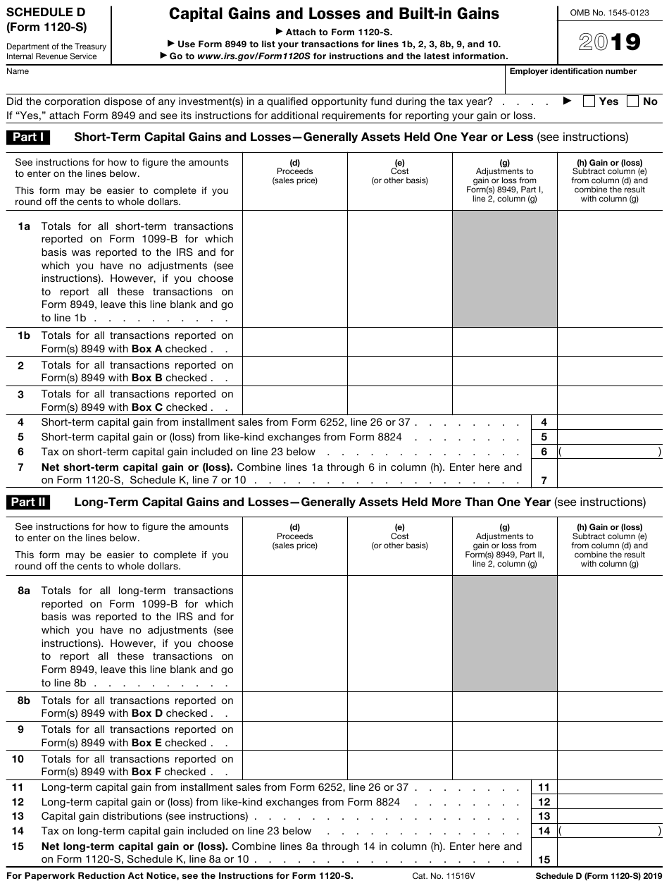 IRS Form 1120 S Schedule D Download Fillable PDF Or Fill Online Capital 