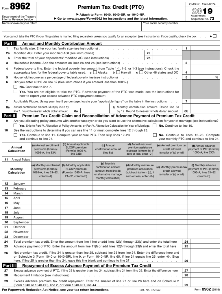 IRS Form 8962 Download Fillable PDF Or Fill Online Premium Tax Credit ...