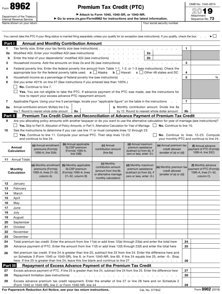 IRS Form 8962 Download Fillable PDF Or Fill Online Premium Tax Credit 