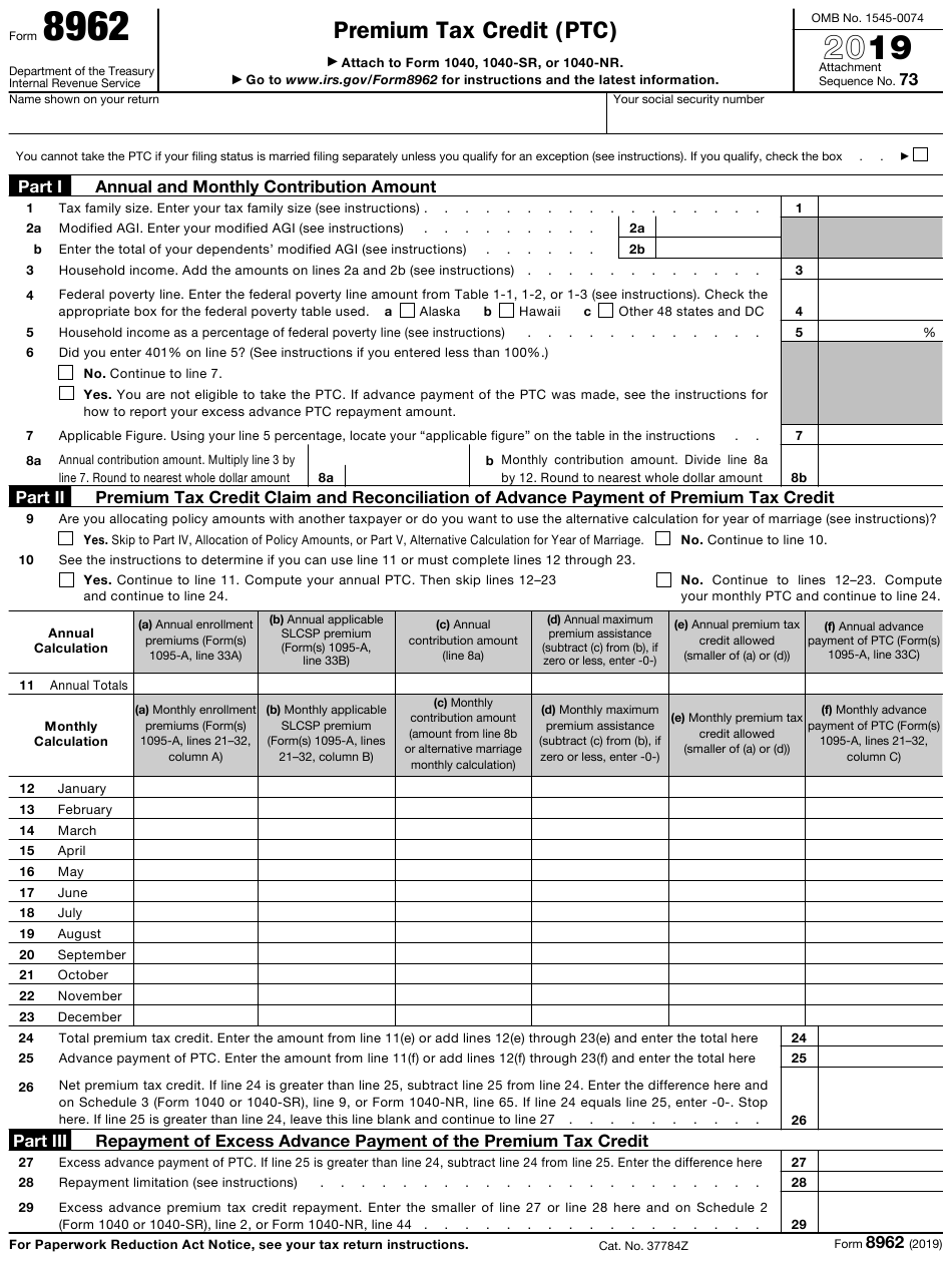 IRS Form 8962 Download Fillable PDF Or Fill Online Premium Tax Credit 