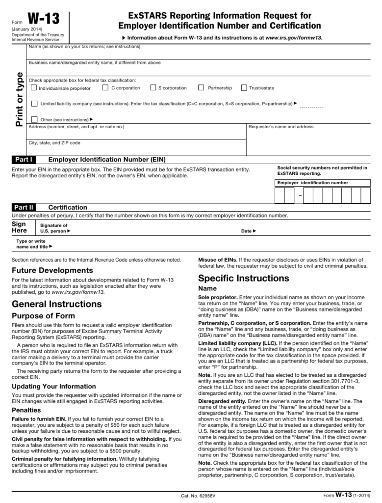 IRS Form W 13 Download Fillable PDF Or Fill Online Exstars Reporting 