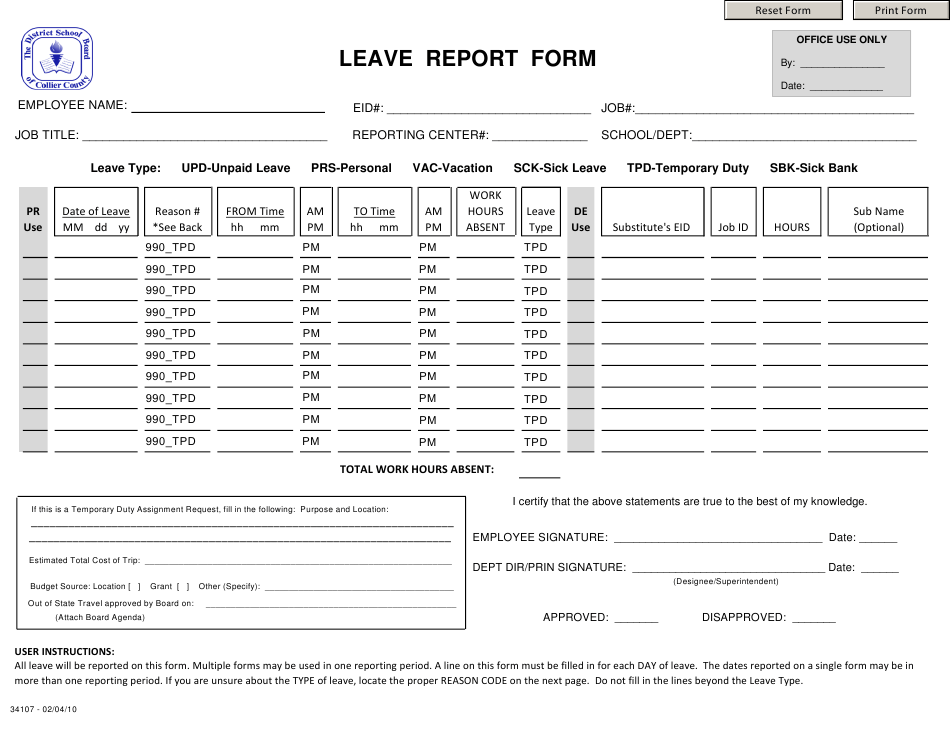 Leave Report Form District School Board Of The Collier County 