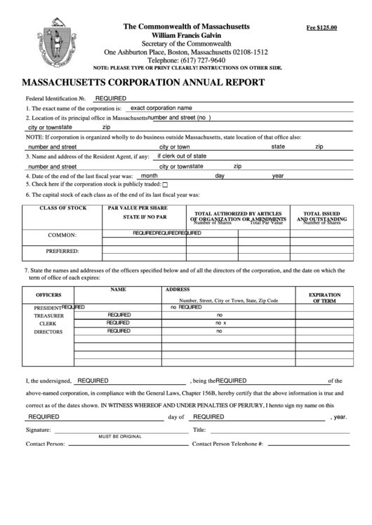 Massachusetts Corporation Annual Report Secretary Of Commonwealth 