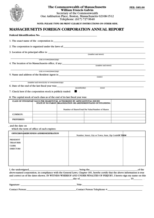 Massachusetts Foreign Corporation Annual Report Form Massachusetts 