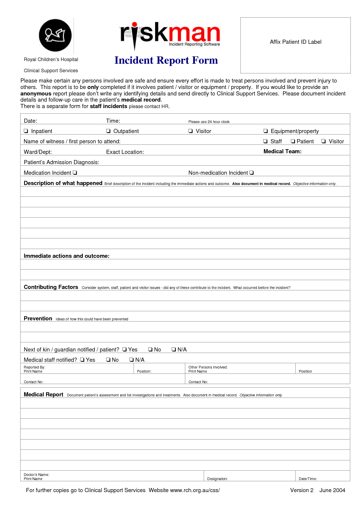 Medical Incident Report Form Template Regarding Patient Report Form